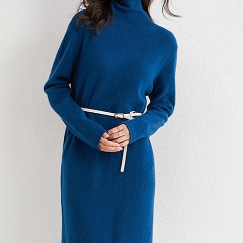 Cashmere Wool Blend Long Turtleneck Dress
