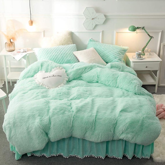 Aqua Faux Fur Super Soft Duvet Cover Set 4 Pieces Twin Etsy