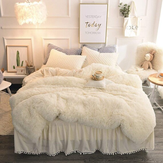 Cream Faux Fur Super Soft Duvet Cover Set Twin Queen King Etsy