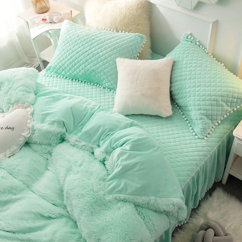 Aqua Faux Fur Super Soft Duvet Cover Set Twin Queen King Etsy