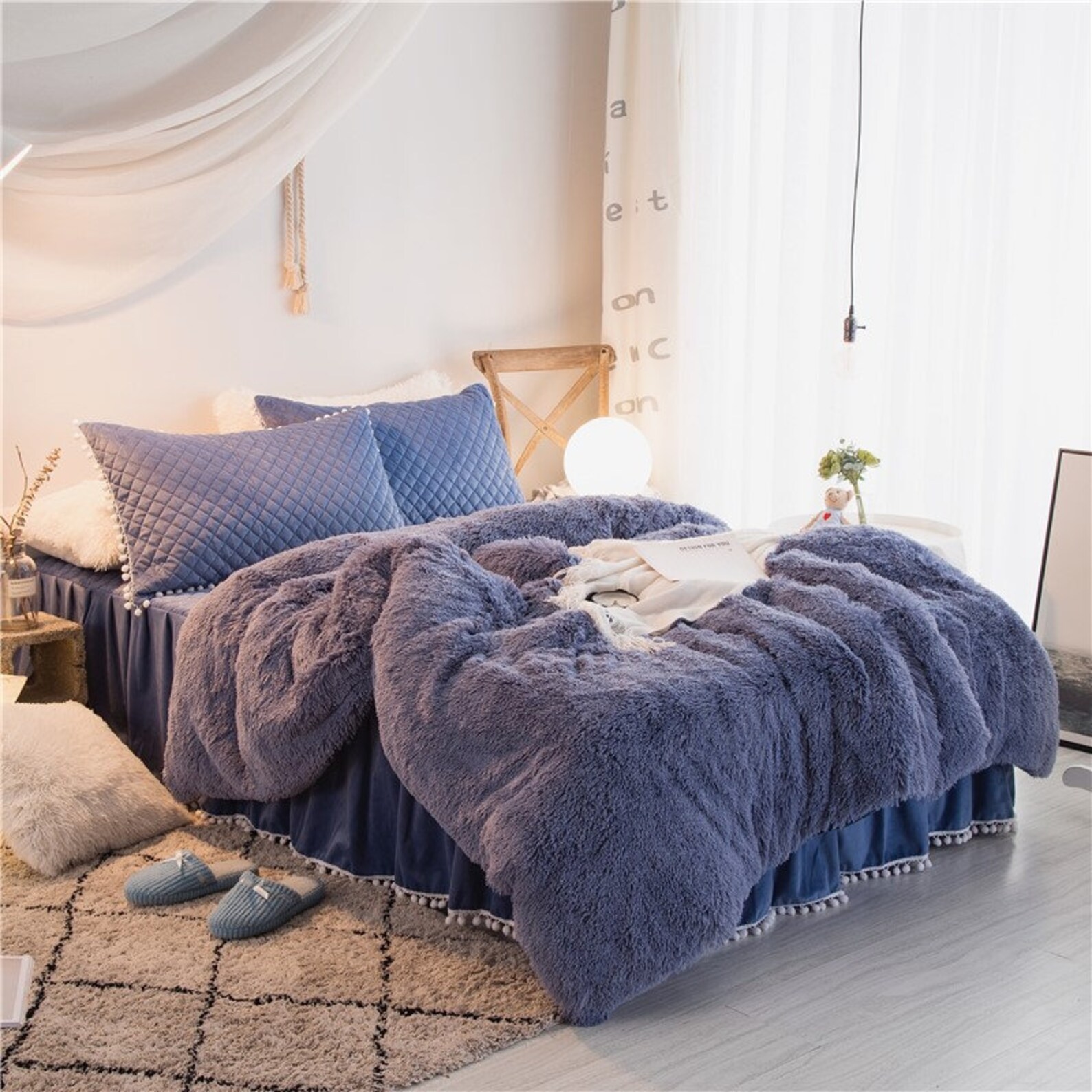 Slate Blue Faux Fur Super Soft Duvet Cover Set Twin Queen Etsy