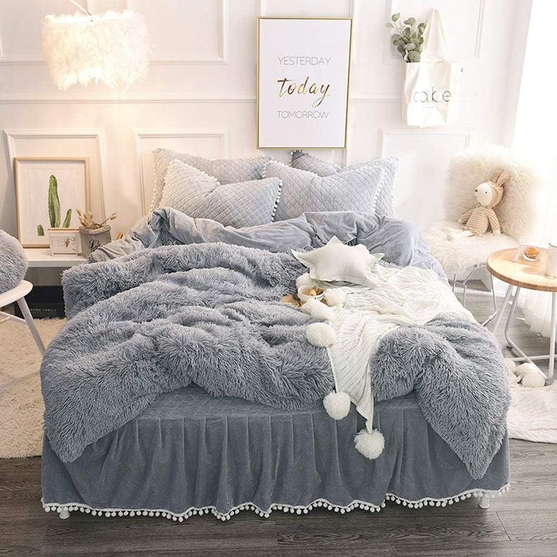 Grey Faux Fur Super Soft Duvet Cover Set Twin Queen King