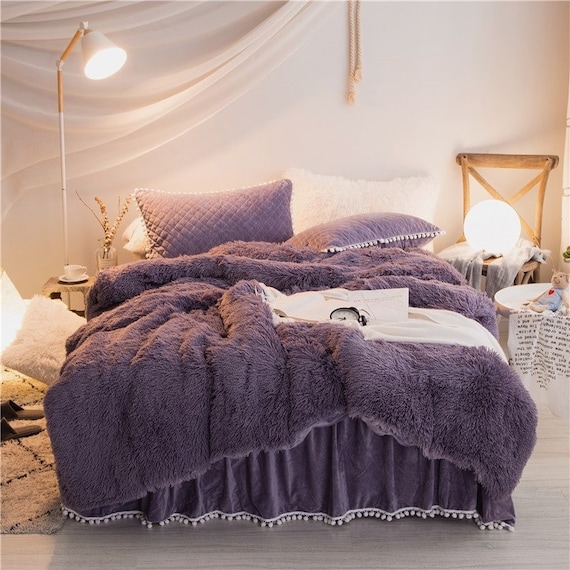 Purple Faux Fur Super Soft Duvet Cover Set 4 Pieces Twin Etsy