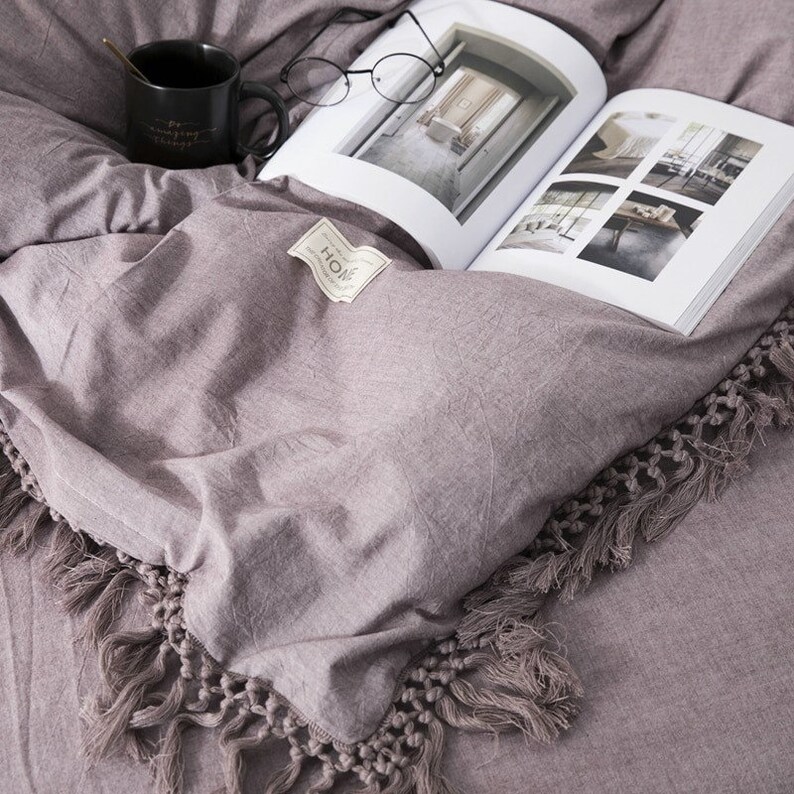 Dusty Purple Boho Tassel Cotton Duvet Cover Set 4 Pieces Etsy
