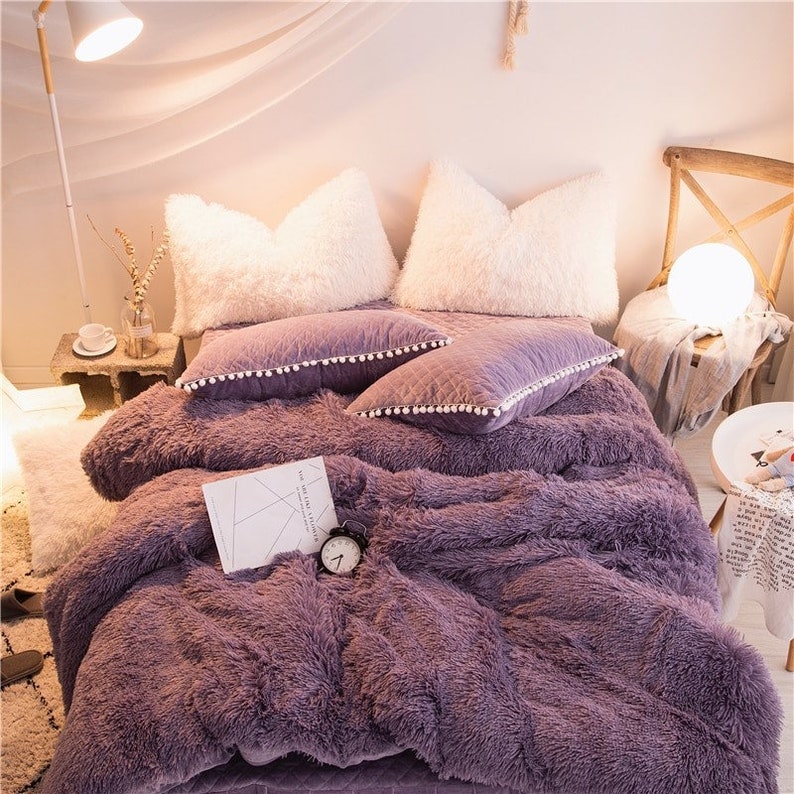 Purple Faux Fur Super Soft Duvet Cover Set Twin Queen King Etsy