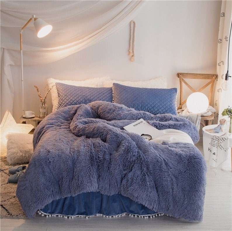 Slate Blue Faux Fur Super Soft Duvet Cover Set Twin Queen Etsy