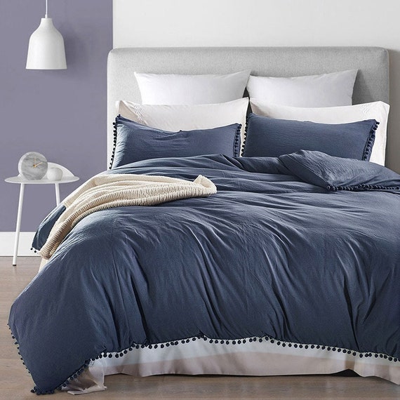 Linen Look Microfiber Duvet Cover Set With Pom Poms Neutral Etsy