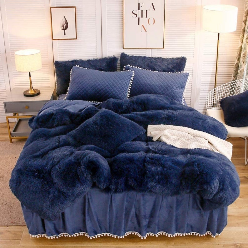 Navy Blue Faux Fur Super Soft Duvet Cover Set Twin Queen Etsy