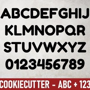 Könnte beinhalten: Schwarze Ausstecher in Form der Buchstaben des Alphabets von A bis Z und der Zahlen von 0 bis 9. Der Text "COOKIE CUTTER - ABC + 123" befindet sich am unteren Rand des Bildes.