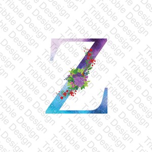 Watercolor Floral Monogram Letter Z, instant download, Z floral waterslide decal, Z Sublimation PNG Digital Download Printable Art image 2