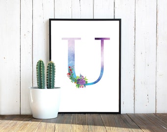 Watercolor Floral Monogram Letter U, instant download, floral waterslide decal, Sublimation PNG | Digital Download | Printable Art