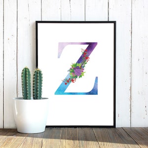 Watercolor Floral Monogram Letter Z, instant download, Z floral waterslide decal, Z Sublimation PNG Digital Download Printable Art image 1