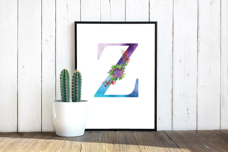 Watercolor Floral Monogram Letter Z, instant download, Z floral waterslide decal, Z Sublimation PNG Digital Download Printable Art image 1