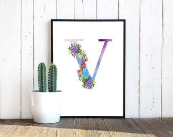 Watercolor Floral Monogram Letter V, instant download, floral waterslide decal, Sublimation PNG | Digital Download | Printable Art