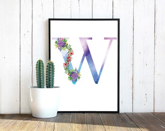Watercolor Floral Monogram Letter W, instant download, floral waterslide decal, Sublimation PNG | Digital Download | Printable Art