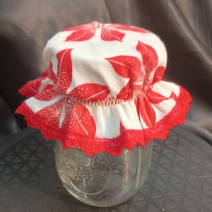 May include: A clear glass jar topped with a fabric cover featuring a white and red floral pattern. The fabric is gathered with stitching and finished with a scalloped red lace trim along the edge, creating a decorative topper for the jar.