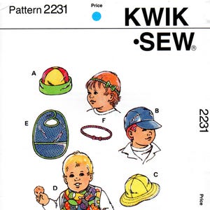 May include: A vintage sewing pattern featuring illustrations of baby accessories. The pattern includes a bib, hats, and a headband. The text "KWIK SEW" and "Pattern 2231" are visible at the top of the image.
