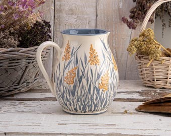 Ceramic Water Pitcher Fall Grass Gray and White Rustic Pottery Vase, Unique Wabi Sabi Flower Vase, Fall Centerpiece New Homeowner Gift