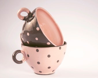 Coffee Cup, Tea Cup, Ceramic Cup, Pottery Cup, Handmade Cup, Pink and Gray, Large Dots