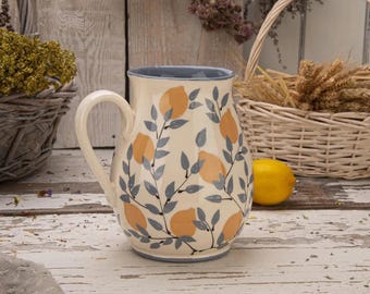 Rustic Pitcher Vase, Lemons Pottery Pitcher, Unique White and Gray Flower Vase for 9th Anniversary Gift, New Homeowner Gift