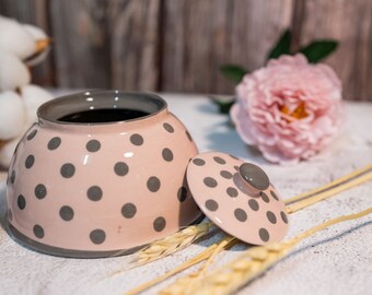 Sugar Bowl, Handmade Container, Ceramic Container, Pottery Container, Coffee and Tea Accessories, Pink and Gray, Large Dots