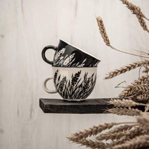 Tazze coordinate con grano bianco e nero, tazze per coppie ispirate alla natura, set di tazze da caffè, set da tè in ceramica, elegante tazza da raccolto, regalo per nuovi proprietari di casa