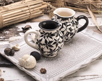 Small Creamer, Handmade Creamer, Pottery Creamer, Ceramic Creamer, Coffee and Tea Accessories, Black and White, Bamboo