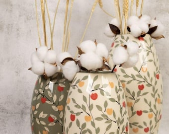 Appels vaas, keramische bloemenvaas, handgemaakte rustieke vaas, handgemaakte aardewerk Ikebana-vaas, groene en witte vaas, cadeau nieuwe huiseigenaar