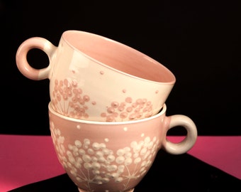Coffee Mug, Tea Mug, Ceramic Mug, Pottery Mug, Handmade Mug, Pink and White, Dill