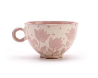 Coffee Cup, Tea Cup, Ceramic Cup, Pottery Cup, Handmade Cup, Pink and White, Tulips