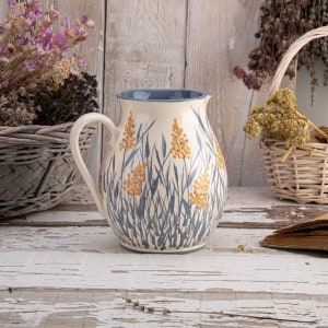 Ceramic Pitcher, Pottery Pitcher, Flower Jug, Table Vase, Gray and White, Summer Grass