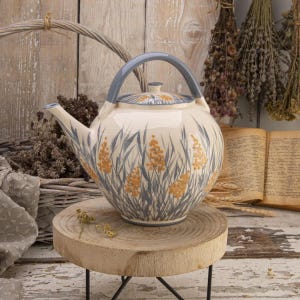 Keramische zomergrastheepot, Frans landdecor, handgemaakte aardewerk theepot, cottage kerndecor, grijze en witte theepot, cadeau nieuwe huiseigenaar