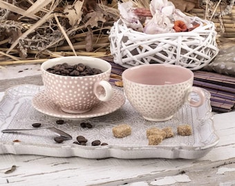 Coffee Cup, Tea Cup, Ceramic Cup, Pottery Cup, Handmade Cup, Pink and White, Small Dots