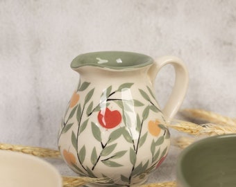 Small Creamer, Handmade Creamer, Pottery Creamer, Ceramic Creamer, Coffee and Tea Accessories, Green and White, Mixed-color Apples