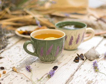 Coffee Mug, Tea Mug, Ceramic Mug, Pottery Mug, Handmade Mug, Green and White, Lavender