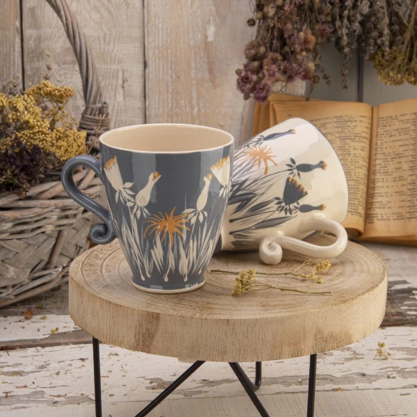 Tea Mug, Coffee Mug, Ceramic Mug, Handmade Mug, Pottery Mug, Gray and White, Dandelion