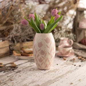 Tulip Vase, Ceramic Vase, Handmade Vase, Pottery Vase, Pink and White, Tulips White Outside