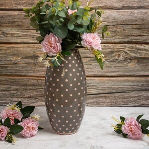 Large Handmade Ceramic Vase – Gray with Pink Dots – Hand Painted Pottery – Modern Home Decor – Unique Statement Vase