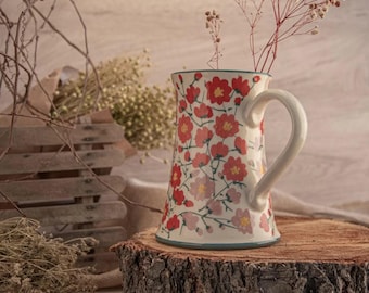 Cosmos Flower Ceramic Pitcher, 9th Anniversary Gift, Table Vase, Тurquoise and White Tall Ceramic Vase with Handle, New Homeowner Gift