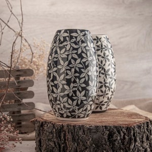 Handmade Ceramic Bamboo Vase – Minimalist Black And White Leaf Design, Nature‑Inspired Decor, Small/ Medium/ Large Sizes,