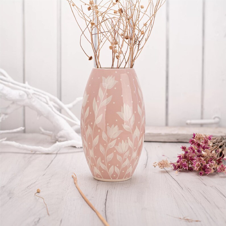 Tulip Vase, Ceramic Vase, Handmade Vase, Pottery Vase, Pink and White, Tulips Pink Outside