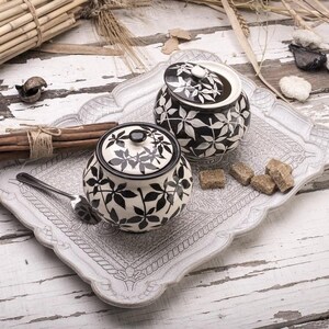 Black and White Sugar Bowl, Studio Pottery Sugat Bowl Handmade Bamboo Ceramic Jar with Lid, Rustic Farmhouse Pottery, Hosting Decor