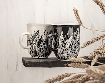 Coffee Mug, Tea Mug, Ceramic Mug, Pottery Mug, Handmade Mug, Black and White, Wheat