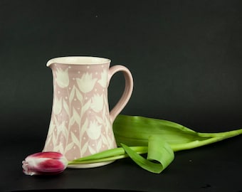 Floral Pitcher, Ceramic Pitcher, Pottery Pitcher, Flower Jug, Table Vase, Pink and White, Tulips