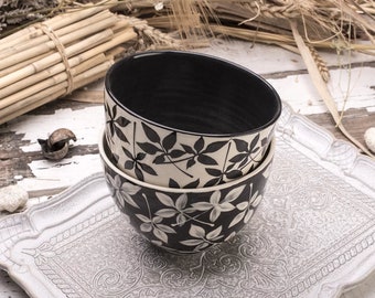 Bol à soupe, bols en céramique, bols faits à la main, bols de poterie, noir et blanc, bambou