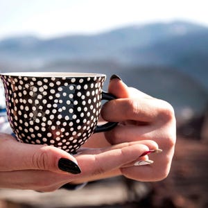 May include: A black and white polka dot ceramic coffee cup with a black handle. The cup is held in open hands, with a blurred background of mountains and a blue sky.