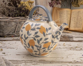 Teapot, Ceramic Teapot, Handmade Teapot, Pottery Teapot, Gray and White, Lemons