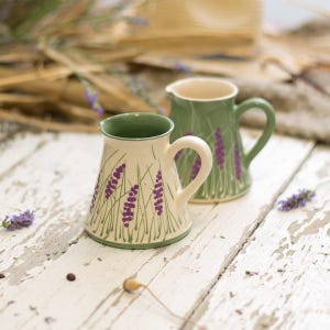 Small Lavender Creamer, White and Green Milk Pitcher, Cream and Sugar Set, Decorative Ceramics, Hand Made Pottery, New Homeowner Gift