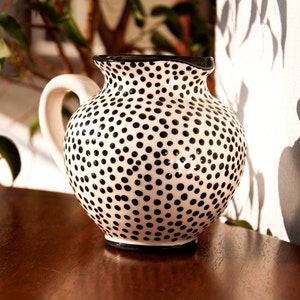 Hand‑Painted Ceramic Creamer • 350 ml Black and White Dotted Pitcher • Cream and Sugar Set • Food‑Safe, Microwave and Dishwasher Safe