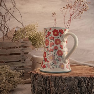 Pitcher, Ceramic Pitcher, Pottery Pitcher, Flower Jug, Table Vase, Тurquoise and White, Cosmos Flower